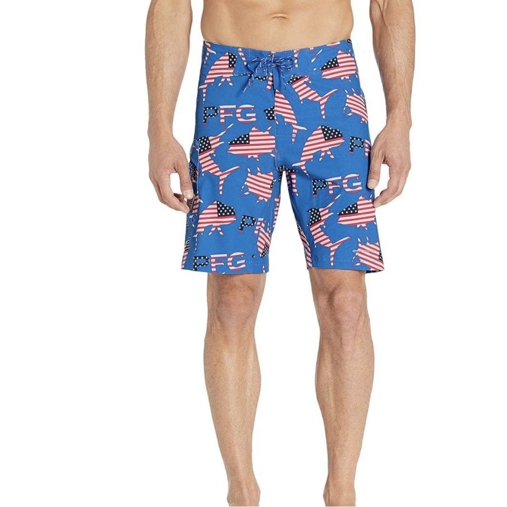 Columbia PFG Mens Blue American Flag Fish Board Shorts Size 34